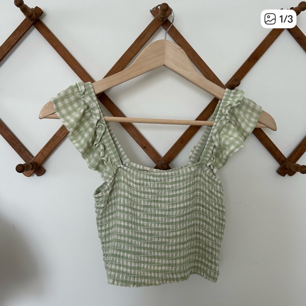 Altar’d State Green Gingham Ruffle Sleeve Top size Large - Picture 3 of 8